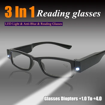 2021 Светодиодные очки для чтения со светом для женщин и мужчин, модные очки, Полнокадровые очки для чтения +1.0 +1.5 +2.0 До + 4,0