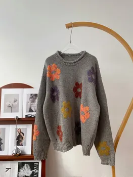 2023 новая женская мода, длинный рукав, сексуальный повседневный пуловер с вышивкой и цветами, вязаный свитер 0808