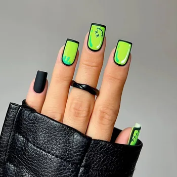 24 Шт Короткий маникюр в стиле комиксов на Хэллоуин с зеленым черным краем, французские накладные ногти, Искусственный маникюр, накладные ногти W301