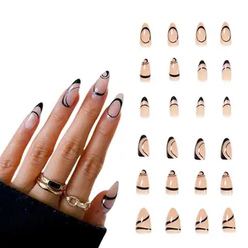24 шт. / компл., набор накладных ногтей с бантиком, золотой дизайн, упаковка для искусственных ногтей, короткие розовые женские накладки