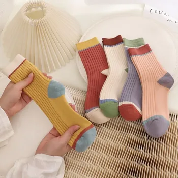5 пар полосатых носков для женщин, ретро однотонные носки средней длины, осень-зима, дышащие, впитывающие пот