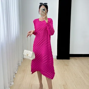 GGHK Miyake, новинка осени 2023, модное женское платье, однотонные платья в стиле ретро с круглым вырезом и длинными рукавами, плиссированные платья трапециевидной формы