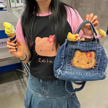 Hello Kitty Sanrio Плюшевая Kawaii Мультяшная джинсовая сумка с вышивкой большой емкости, аниме, Плюшевая игрушка для девочки, Детские игрушки, подарок на день рождения
