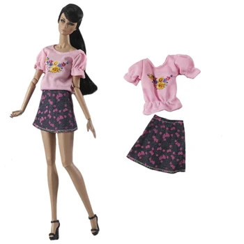 NK 1 комплект 30-сантиметровое платье принцессы, розовая рубашка с короткими рукавами + мини-джинсовая юбка, модная одежда для Барби, аксессуары, кукла, подарочная игрушка для девочки