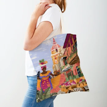 Абстрактная индийская фруктовая пальмовая сумка для покупок с двойной печатью, Многоразовая женская сумка-тоут, повседневная картина на холсте, женские сумки для покупок