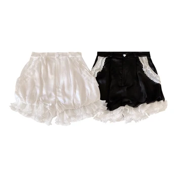 Атласные шорты в стиле Лолиты для милых девочек, шорты с эластичной талией и кружевной отделкой, женская одежда в стиле каваи