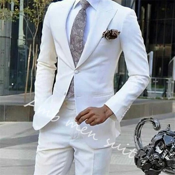 Белый свадебный смокинг для жениха С острым лацканом, Приталенные мужские костюмы, Модный Элегантный дизайн, деловая одежда, 2 предмета, куртка с брюками