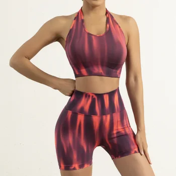 Бесшовный комплект из двух предметов для йоги с галстуком-краской, женский спортивный костюм для фитнеса, Спортивная одежда для бега, бюстгальтер + шорты, одежда для тренировок Roupa Feminina