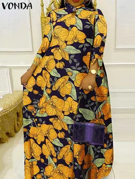 Богемное Длинное платье VONDA 2023, женский сарафан Макси с рукавом 3/4 и цветочным принтом, осеннее открытое повседневное Свободное Элегантное праздничное платье для вечеринок