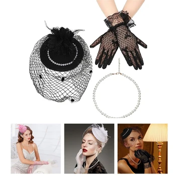 Винтажная шляпка из сетчатой пряжи с элегантными перчатками и ожерельем из четок Дополнит ваш образ этим набором принадлежностей в британском стиле