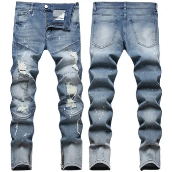 Винтажные потертые рваные джинсы, мужская мода, дыра на колене, потертые джинсы с прямыми штанинами, мужские повседневные джинсовые брюки на молнии в стиле хип-хоп