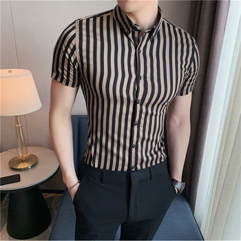Высококачественная летняя рубашка в полоску для мужчин, приталенные повседневные рубашки с короткими рукавами, модные деловые рубашки для светской жизни, мужская одежда