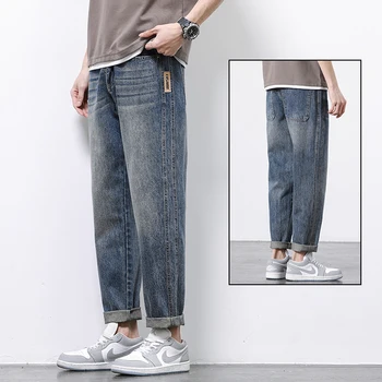 Высококачественные брендовые весенние эластичные хлопковые мужские джинсы длиной до щиколоток, дизайнерские джинсовые брюки, Корейские повседневные брюки D15
