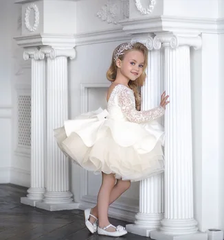 Детское свадебное платье С длинным рукавом, кружево, блестки, шоу для девочек на День рождения, пышная короткая юбка
