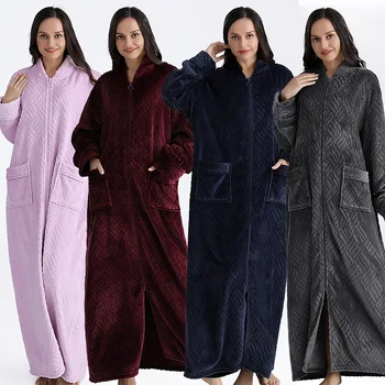 Длинный банный халат для женщин, осень-зима, теплый парный халат на толстой молнии, однотонная женская повседневная домашняя пижама оверсайза Оверсайз