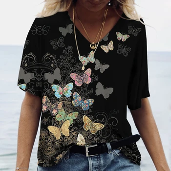 Женская футболка с принтом бабочки, 3D V-образный вырез, Модные топы с коротким рукавом, 2023, Повседневная базовая одежда для девочек, Женская одежда в стиле Харадзюку