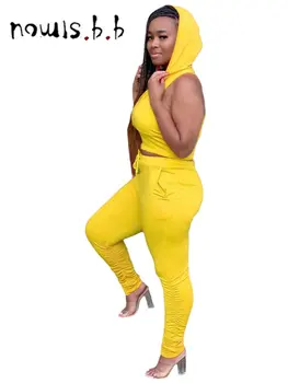 Женский комплект NOWISBB, летние модные обтягивающие топы без рукавов с капюшоном, повседневные однотонные плиссированные спортивные брюки на завязках, комплекты из двух предметов