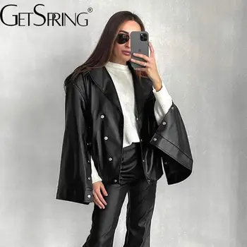 Женское кожаное пальто GetSpring 2023, Осенняя модная черная кожаная куртка, однобортные свободные повседневные универсальные однотонные женские топы