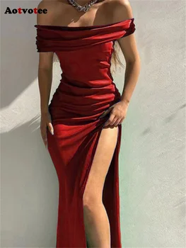 Женское платье без рукавов Aotvotee 2023, новая мода, винтажное элегантное однотонное платье с вырезом лодочкой, вечернее платье с высокой талией и разрезом