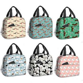 Забавные сумки для ланча с принтом собаки таксы / Бишон-Фризе, женские переносные сумки для еды, школьные ланч-боксы для пикника на открытом воздухе
