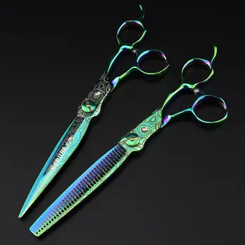 Зеленые 7,0-дюймовые высококачественные профессиональные ножницы из золотой стали, дамасские салонные парикмахерские ножницы высокого класса из стали 440C