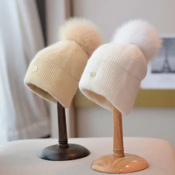 Зимние шапки с помпоном из лисьего меха, Ангольская шапочка, женские вязаные шерстяные шапки с шипами и бисером, уличная толстая теплая шапка, повседневная модная шапка