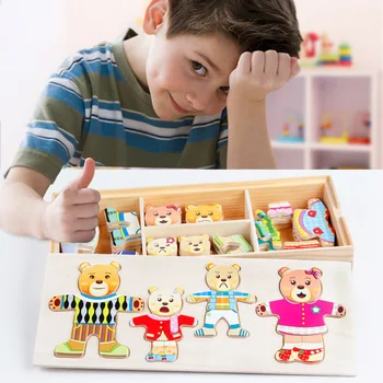 Игрушки для девочек 3-6 лет, головоломка для переодевания семьи медведей, деревянная мультяшная головоломка, подходящая доска для переодевания, игрушки для девочек, подарки