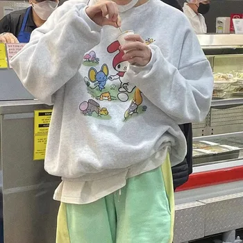 Кавайный Осенний свитер Sanrio My Melody Милая горячая девушка Студенческая мода Мультяшный Принт Свободный Повседневный Утолщенный топ с круглым вырезом Серый