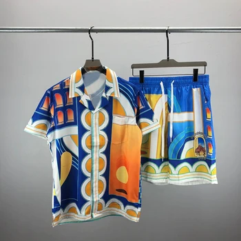 Комплект мужской одежды с принтом, Мужские комплекты из двух частей, Модный Гавайский комплект рубашек с коротким рукавом, Новая Летняя повседневная рубашка с цветочным рисунком, Пляжная ropa