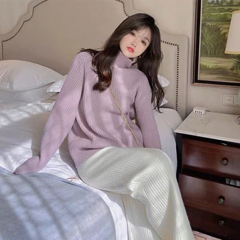 Корейский модный вязаный женский комплект из двух предметов, осень-зима, теплая водолазка с длинным рукавом, пуловер, свитер + широкие брюки, комплекты
