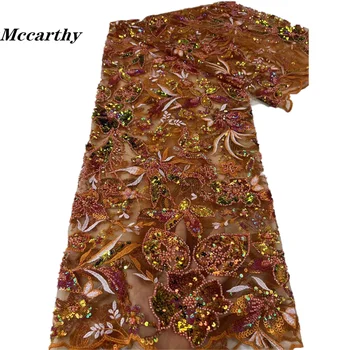Кружевная ткань ручной работы Mccarthy, расшитая бисером, французские блестки, кружевная ткань для свадебного платья, Последняя Нигерийская вышивка, Оранжевый, хорошая цена