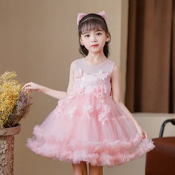 Кружевное платье-пачка принцессы для маленьких девочек, сетчатое платье на свадьбу, крестины, одежда для девочек, детская праздничная одежда, 2 цвета от 4 до 9 лет