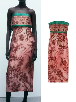Летнее женское платье без бретелек с принтом TRAF 2023, Элегантное платье с открытыми плечами, разрезом на спине, Сексуальное платье с запахом на груди, прямые платья