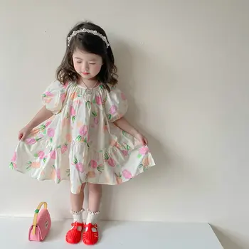 Летнее повседневное платье принцессы с пышными рукавами и складками в виде ананаса для маленьких девочек, милые наряды для детей, милая юбка для детей 2-8 лет