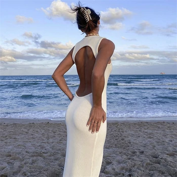 Летнее трикотажное платье на бретелях с открытой спиной для пляжного отдыха, повседневное платье миди без рукавов с круглым вырезом и запахом для женщин, однотонное пляжное платье