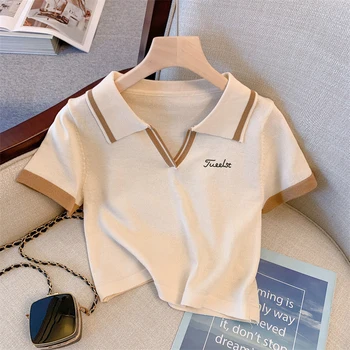 Летние женские рубашки для гольфа, женский вязаный топ для гольфа, пуловер с пышными рукавами, Повседневный свитер, Женская блузка для гольфа, рубашки