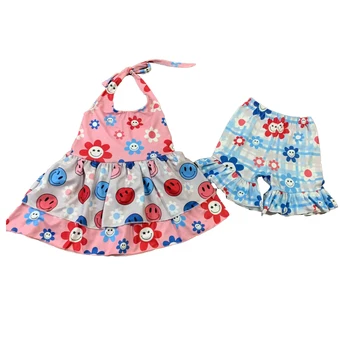 Летняя одежда для маленьких девочек, слинг-топ с цветочным принтом и шорты с рюшами, Оптовый детский бутик