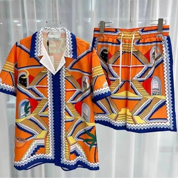 Летняя рубашка Casablanca, брюки для мужчин с принтом ночного замка, повседневный Гавайский пляжный топ с коротким рукавом для женщин