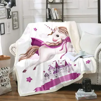 Милое шерп-одеяло с единорогом для девочек, флисовое одеяло с принтом сказочной лошади, бело-фиолетовое плюшевое одеяло с волшебным животным