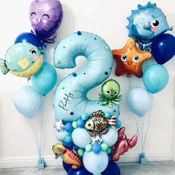 Мир подводного океана 44шт Воздушные шары с животными Тема морской вечеринки с синим номером Украшение вечеринки с Днем рождения для детей Детский душ