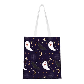 Модная сумка для покупок с призраками и пауками на Хэллоуин, многоразовая холщовая сумка для покупок в продуктовых магазинах с летучими мышами и звездами