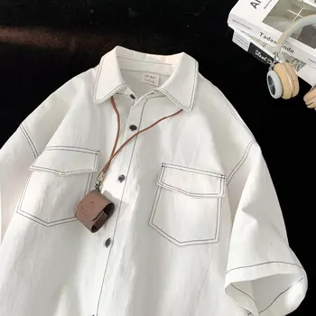 Мужская рубашка большого размера с коротким рукавом, уличная блузка, модные мужские рубашки карго в стиле харадзюку, Корейская одежда, мужская одежда