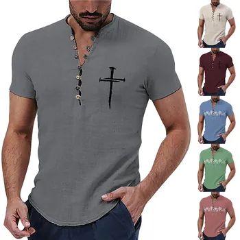 Мужская рубашка с цветочным графическим принтом, воротник-стойка, уличная одежда с коротким рукавом и принтом, модная уличная одежда, повседневная одежда