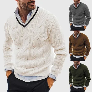 Мужской осенне-зимний простой тонкий свитер, однотонный, в ромбовидную полоску, Тонкий вязаный свитер с длинным рукавом, вязаные пуловеры, джемпер