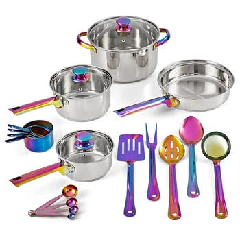 Набор посуды из 20 предметов из переливающейся нержавеющей стали с Кухонными принадлежностями и инструментами