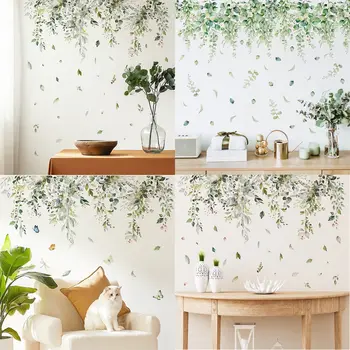 Наклейки на стены из зеленых листьев растений для гостиной, декоративные наклейки для дома, самоклеящиеся наклейки для стен