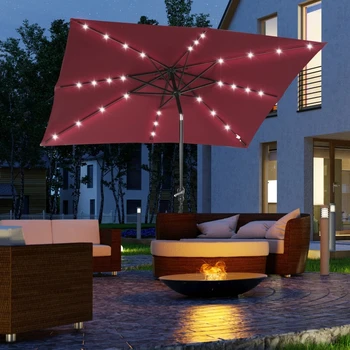 Настольный зонт для патио 9 x 7 дюймов с рукояткой, солнечными светодиодными фонарями, наклоном на 45 °, кнопочным управлением, для террасы, заднего двора, бассейна и газона