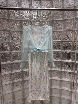 Новая винтажная коллекция юбок на подтяжках с тонкой талией, платье с принтом в женском стиле ➕ шаль с пузырчатым рукавом в тон снаружи