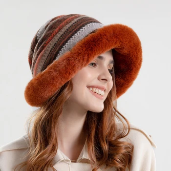 Новая зимняя вязаная шапка, женская модная полосатая уличная утолщенная плюшевая Теплая Универсальная Повседневная Эластичная Удобная рыбацкая шапка