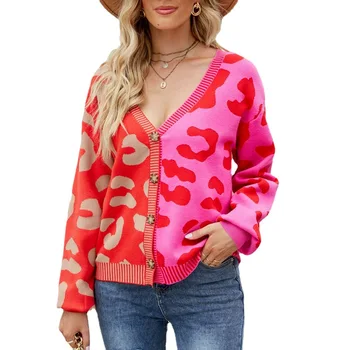Осенне-зимний женский модный повседневный свитер-кардиган с V-образным вырезом и контрастным леопардовым принтом 2023 г.